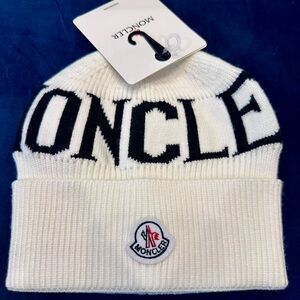 Moncler White and Black Logo Knit Beanie